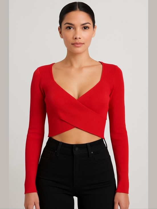 Express Tops - Express Red Ribbed Rayon Nylon Blend Cropped Sweater Top NEW!